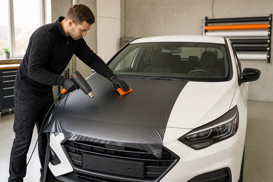 Fachmann foliert die Motorhaube eines Autos mit anthrazitfarbener Folie