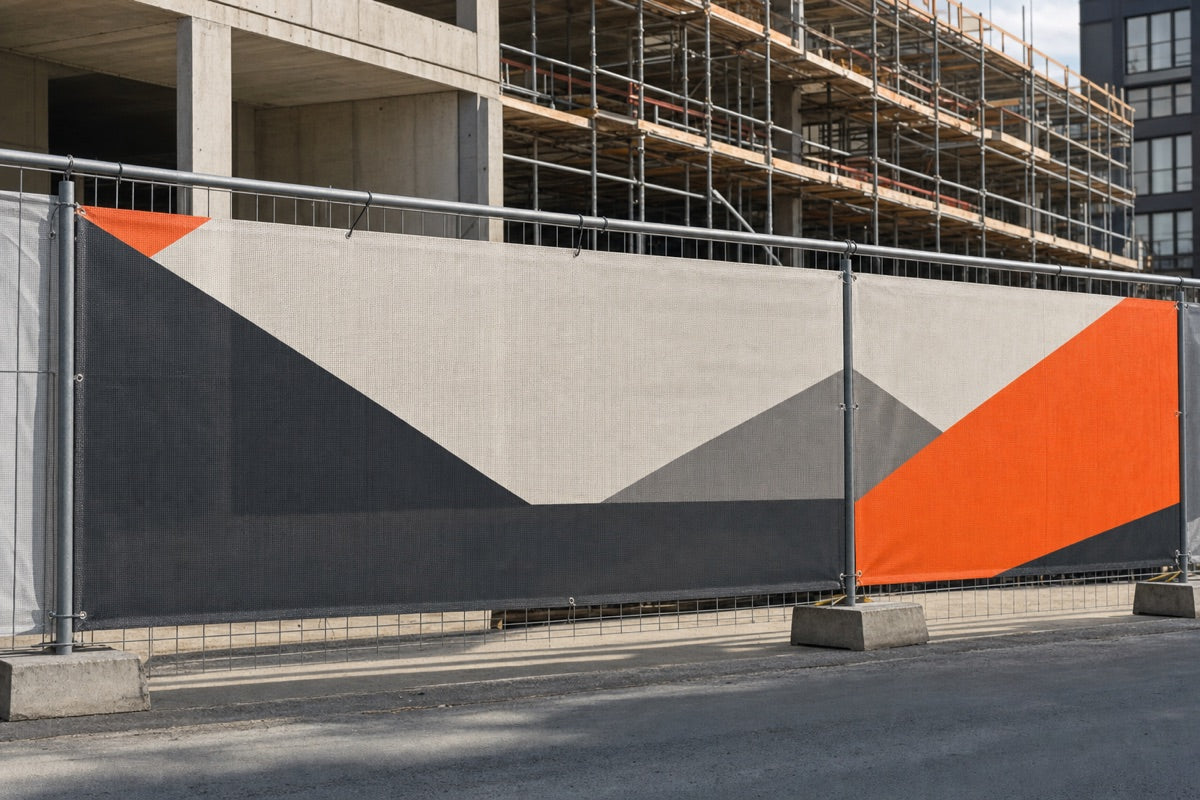 Bedrucktes Mesh-Banner an einem Bauzaun vor einer Baustelle