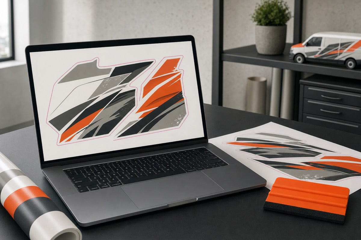 Schreibtisch mit Laptop, Vektorgrafik und Aufkleberbogen
