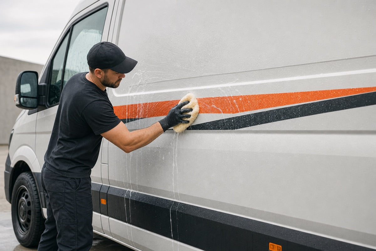Transporter mit Aufkleber wird von Hand gewaschen
