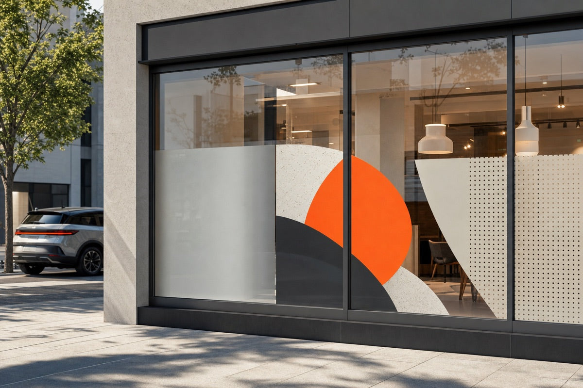 Schaufenster mit Milchglasfolie, Lochfolie und bedruckter Folie