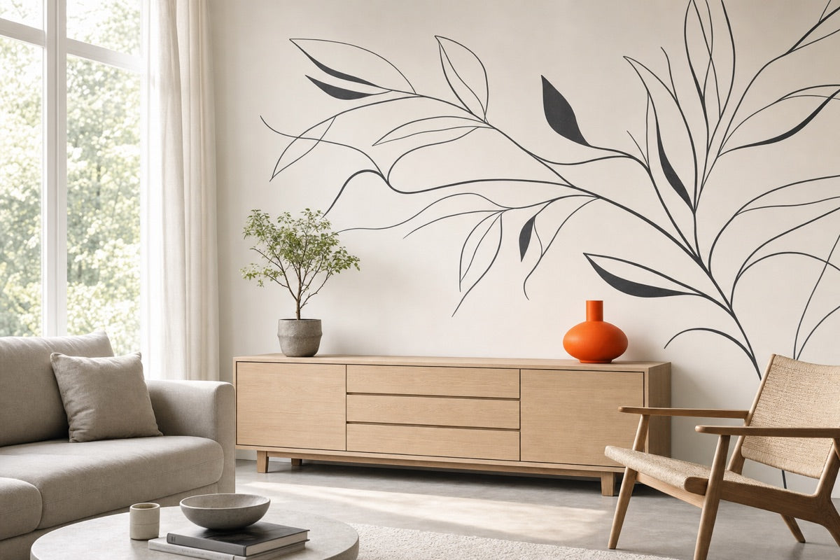 Wohnzimmerwand mit einem dunklen Wandtattoo aus Linien und Blättern