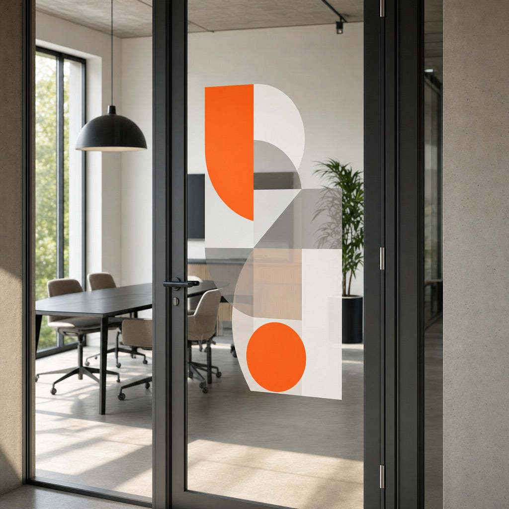 Transparenter Fensteraufkleber mit Weißdruck an einer Bürotür