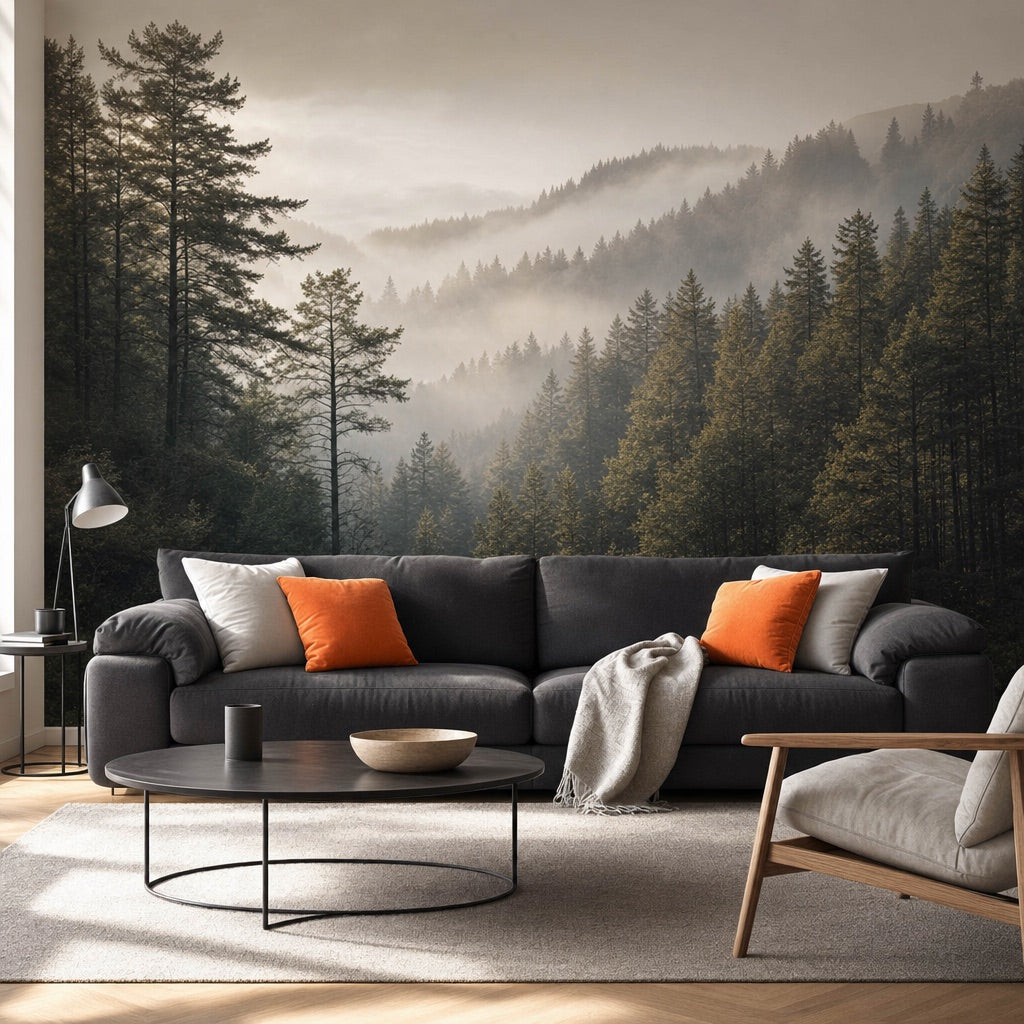 Fototapete mit Waldmotiv an einer Wohnzimmerwand