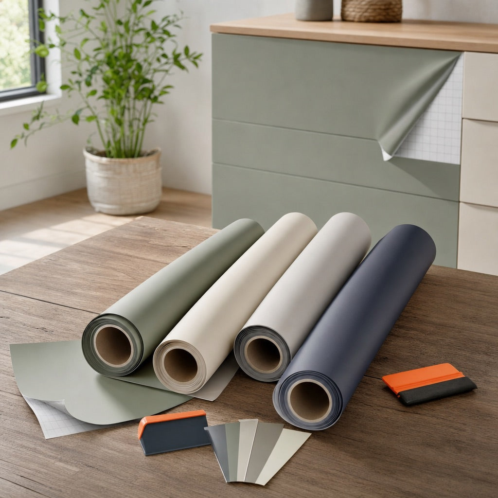 Matte Innenfolie in gedeckten Farben auf Rollen, teils auf Schrank geklebt