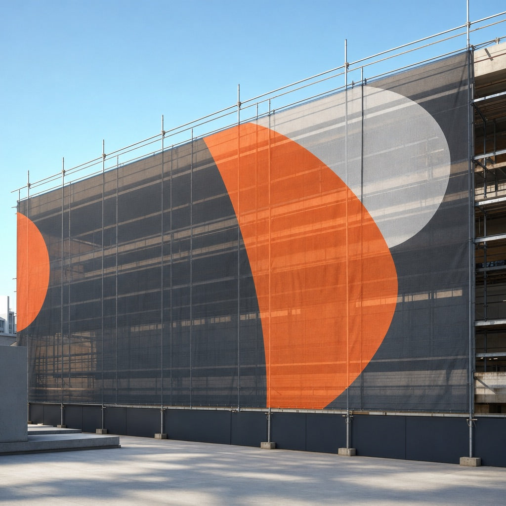 Mesh-Banner am Baugerüst einer Hausfassade