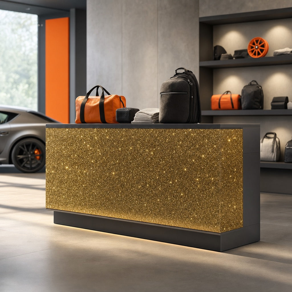 Goldene Glitzer-Möbelfolie an einer Regalfront