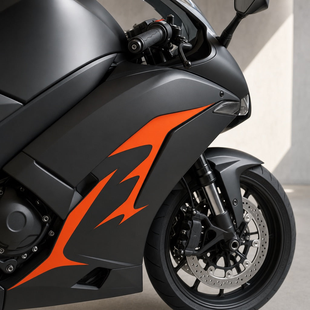 Konturgeschnittener Motorrad-Aufkleber mit Digitaldruck auf schwarzer Verkleidung