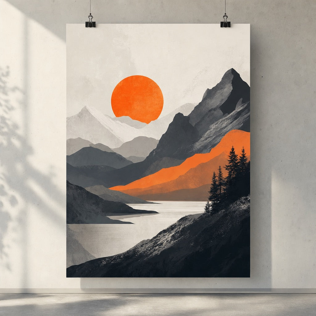 Großes Poster mit Bergmotiv an einer Betonwand