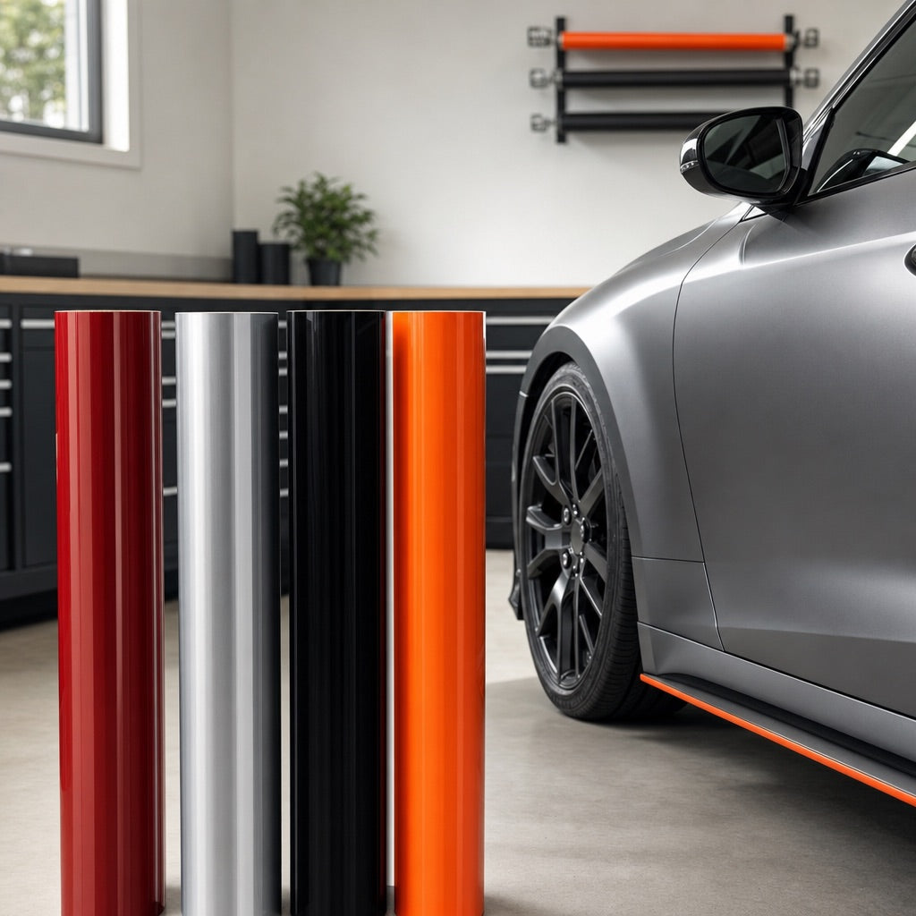 Premium-Cast-Folie in Rot, Silber, Schwarz und Orange neben einem Kotflügel