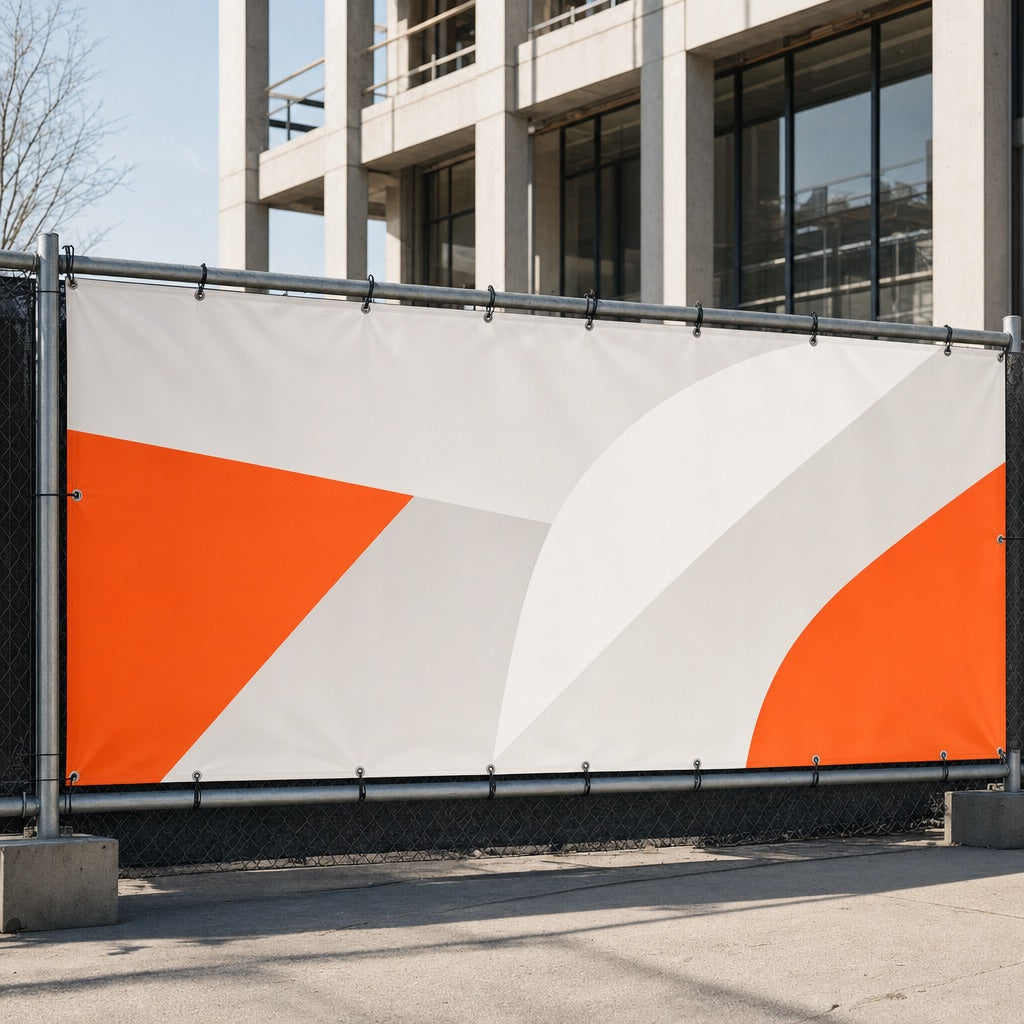 PVC-Banner mit Ösen an einem Bauzaun befestigt