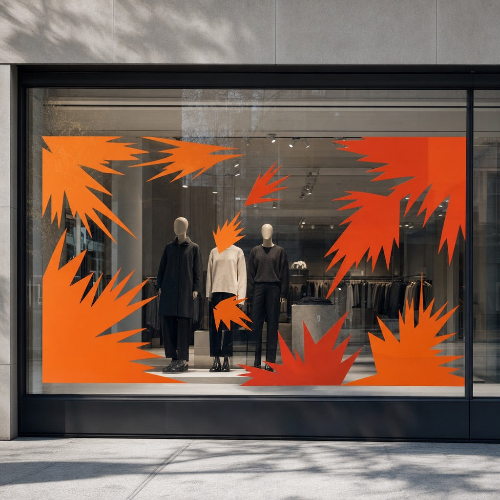 Sale- und Aktionsaufkleber in Orange und Rot im Schaufenster