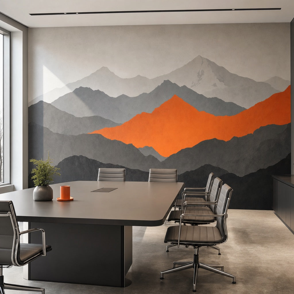 Bedruckter Wandaufkleber mit Landschaftsmotiv im Besprechungsraum
