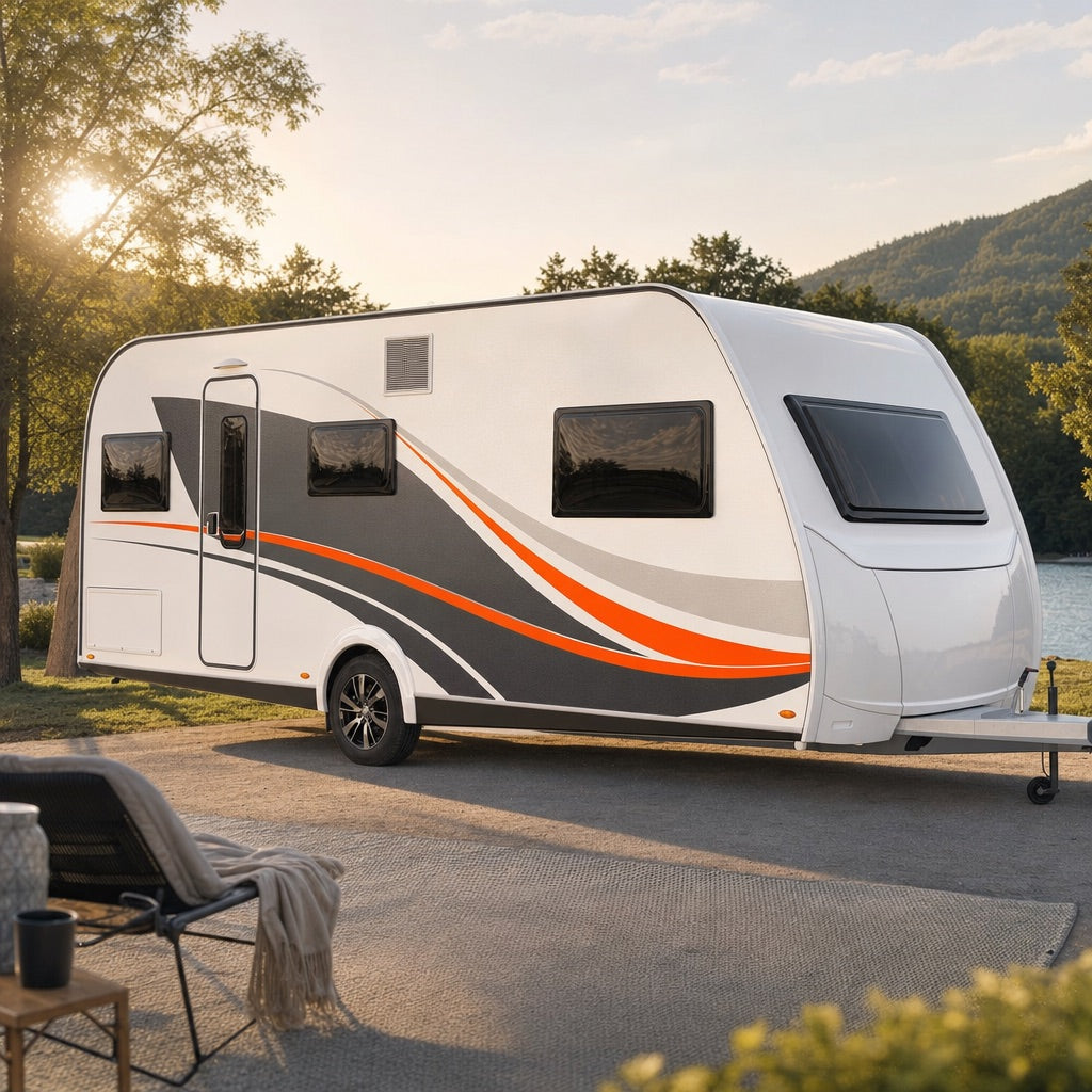 Wohnwagen-Aufkleber: Dekorstreifen in Orange und Anthrazit an einem Caravan