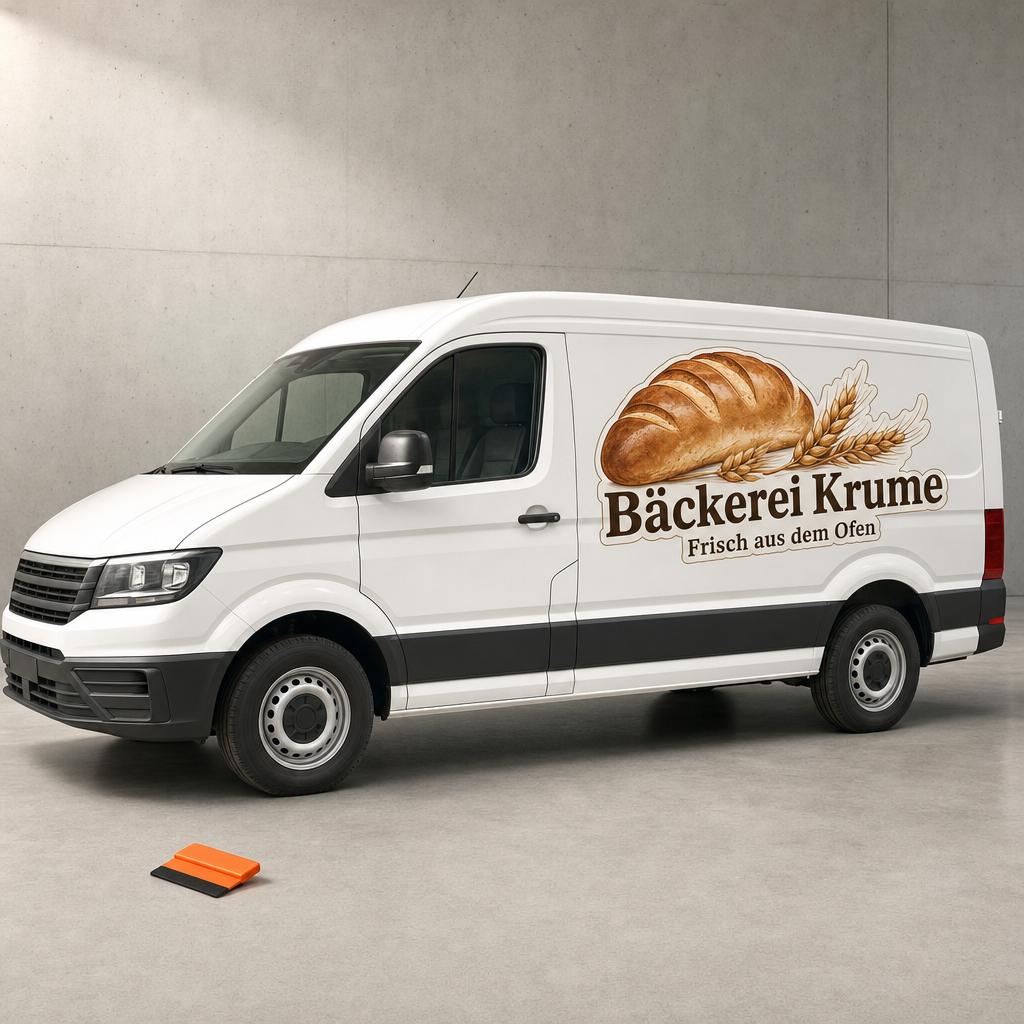 Transporter mit konturgeschnittenem Fahrzeugaufkleber (Beispielmotiv Bäckerei)