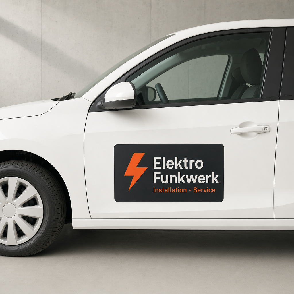 Rechteckiger Logo-Aufkleber auf PKW-Tür, matt laminiert (Beispielmotiv Elektriker)