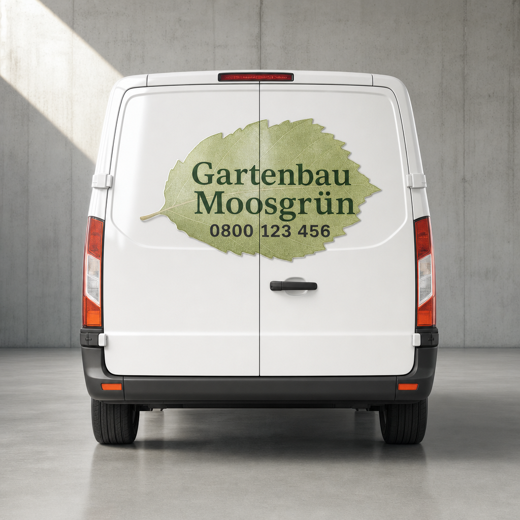 Konturgeschnittener Aufkleber auf den Hecktüren eines Transporters (Beispielmotiv Gartenbau)