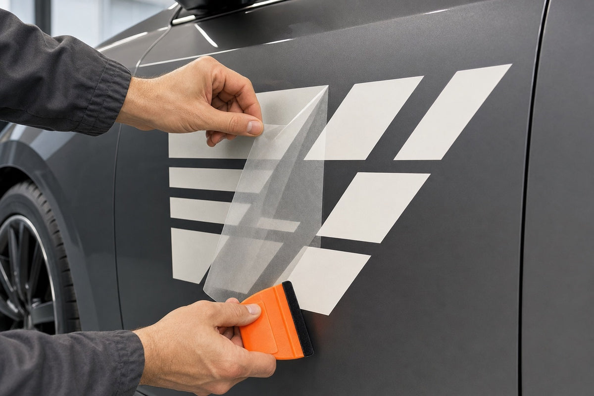 Übertragungsfolie wird nach dem Verkleben der Klebeschrift abgezogen
