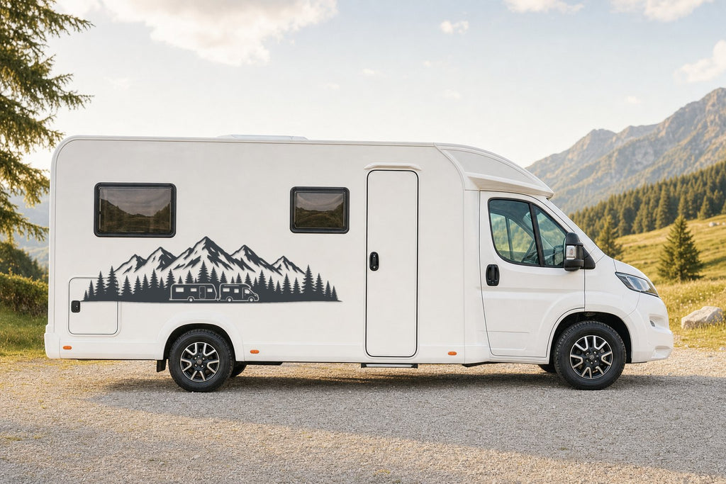 Seitenaufkleber „Bergpanorama mit Wald“ in Anthrazit am Wohnmobil