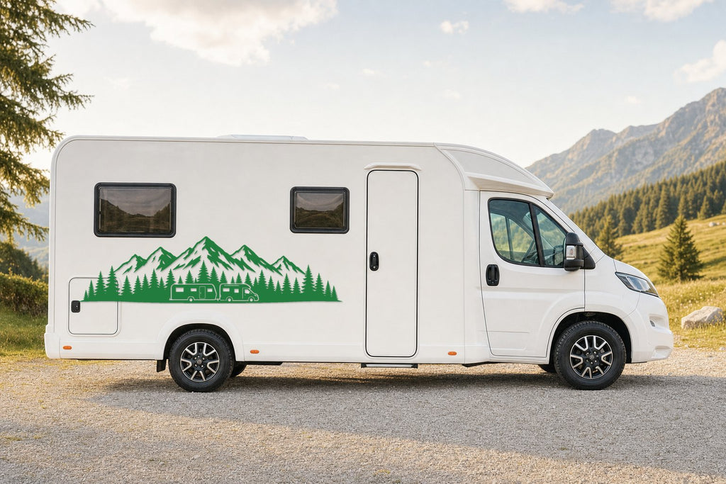 Seitenaufkleber „Bergpanorama mit Wald“ in Grün am Wohnmobil