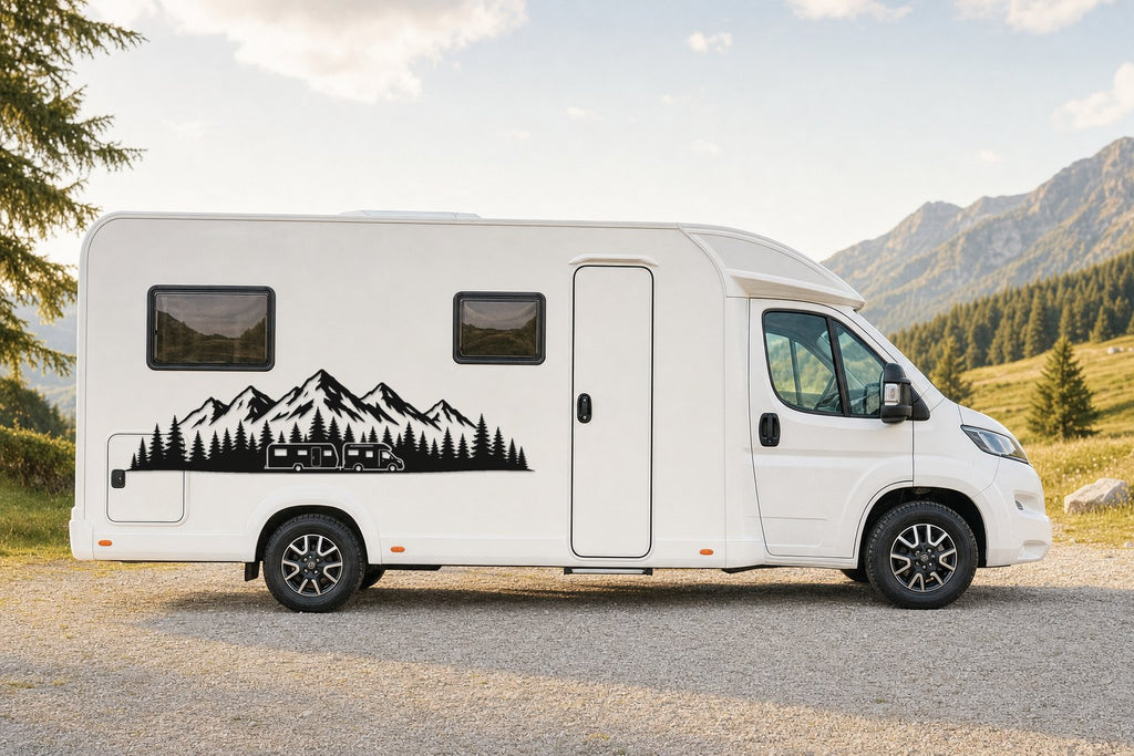 Seitenaufkleber „Bergpanorama mit Wald“ in Schwarz am Wohnmobil
