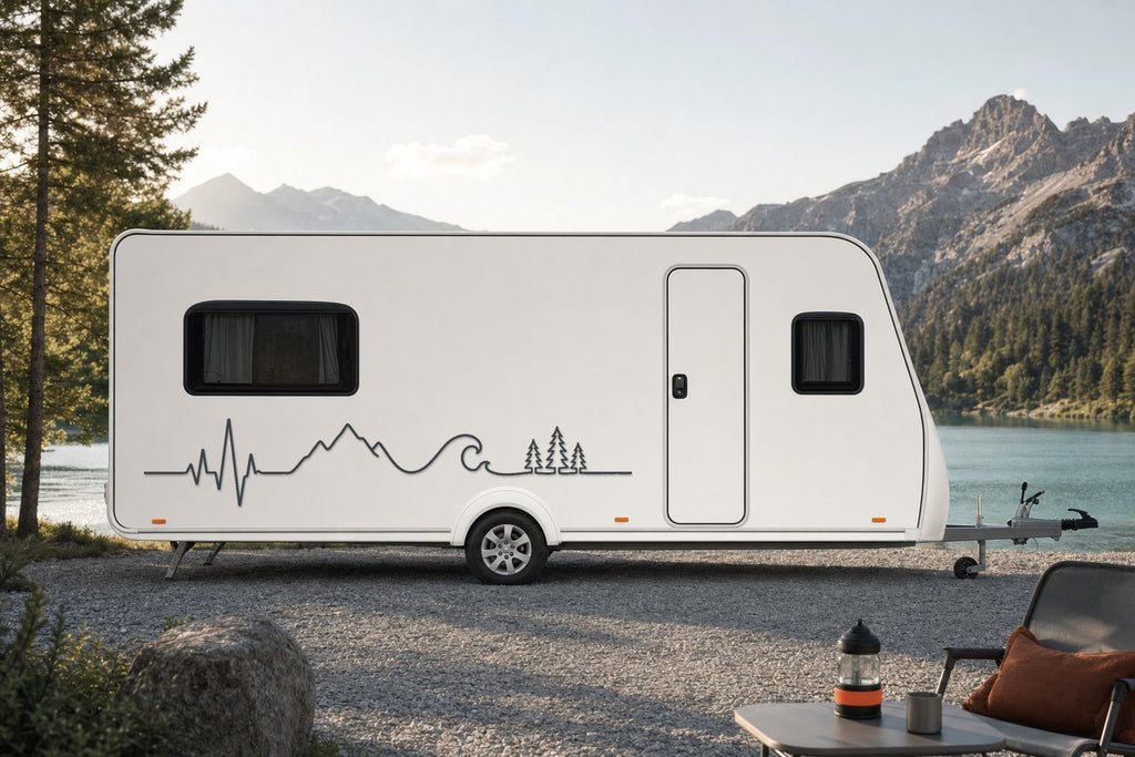 Seitenaufkleber „Herzschlag Berge & Meer“ am Wohnwagen