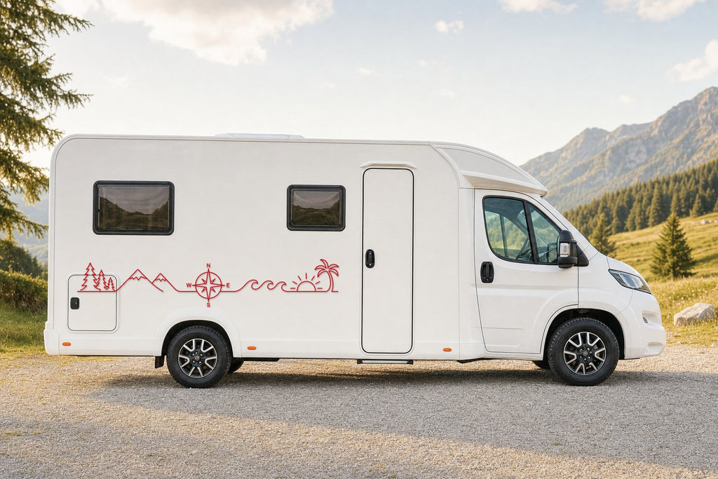 Seitenaufkleber „Kompass & Meer“ in Rot am Wohnmobil