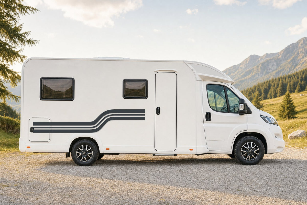 Seitenaufkleber „Retro-Streifen“ in Anthrazit am Wohnmobil