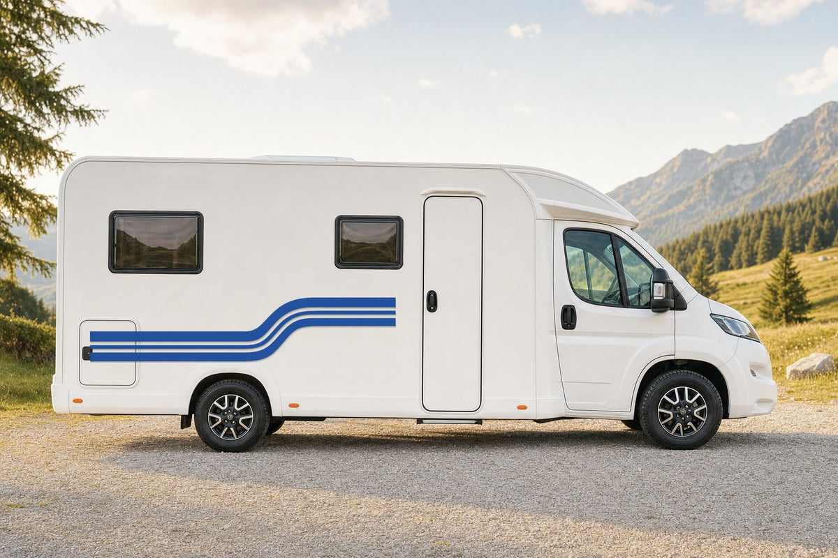 Seitenaufkleber „Retro-Streifen“ in Blau am Wohnmobil