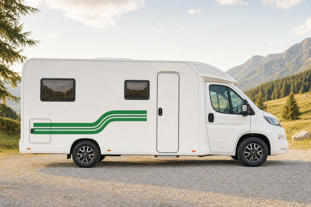 Seitenaufkleber „Retro-Streifen“ in Grün am Wohnmobil