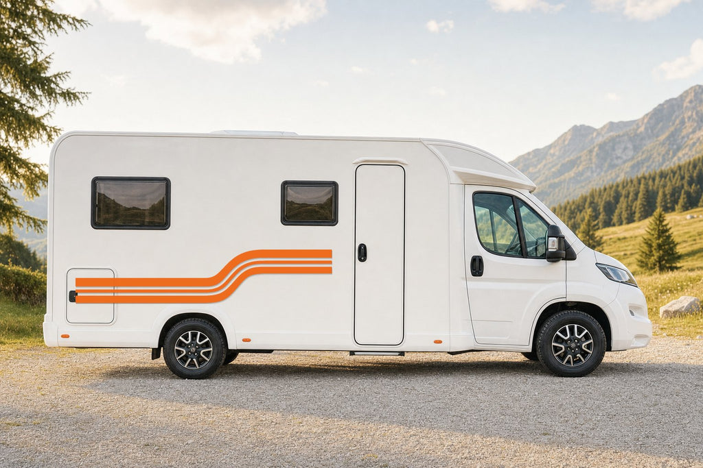 Seitenaufkleber „Retro-Streifen“ in Orange am Wohnmobil