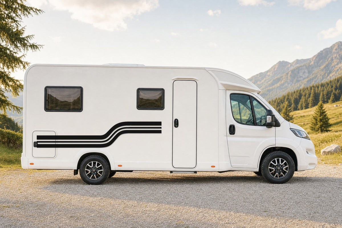 Seitenaufkleber „Retro-Streifen“ in Schwarz am Wohnmobil