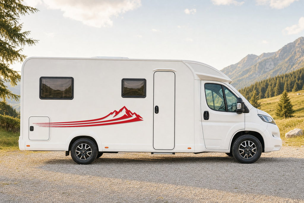 Seitenaufkleber „Swoosh mit Bergen“ in Rot am Wohnmobil