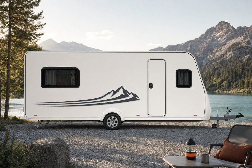 Seitenaufkleber „Swoosh mit Bergen“ am Wohnwagen