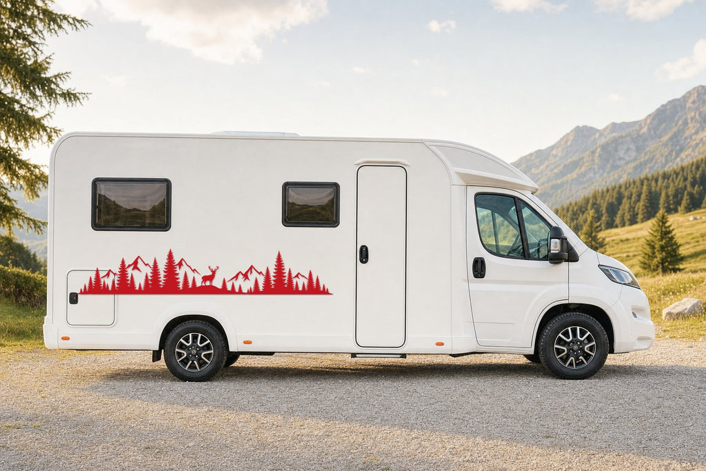 Seitenaufkleber „Wald mit Hirsch“ in Rot am Wohnmobil