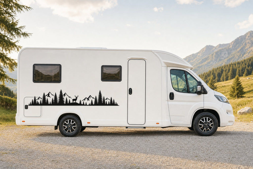 Seitenaufkleber „Wald mit Hirsch“ in Schwarz am Wohnmobil