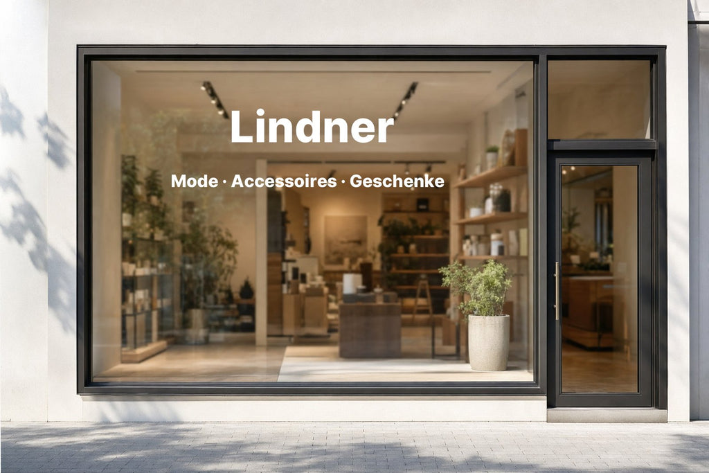 Schaufenster mit weißem Schriftzug, Beispiel Firmenname
