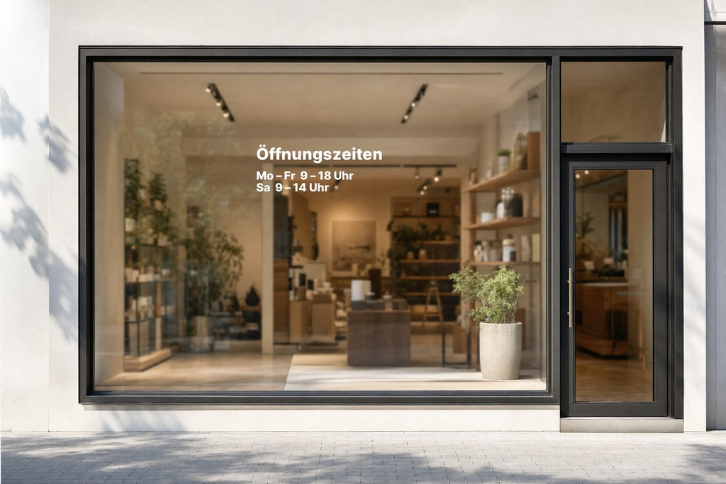 Schaufenster mit geplotteten Öffnungszeiten