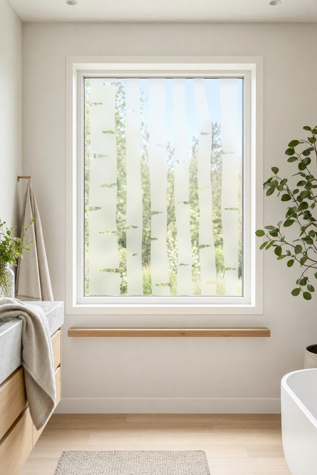 Sichtschutzfolie Birkenwald als Milchglas am Badfenster