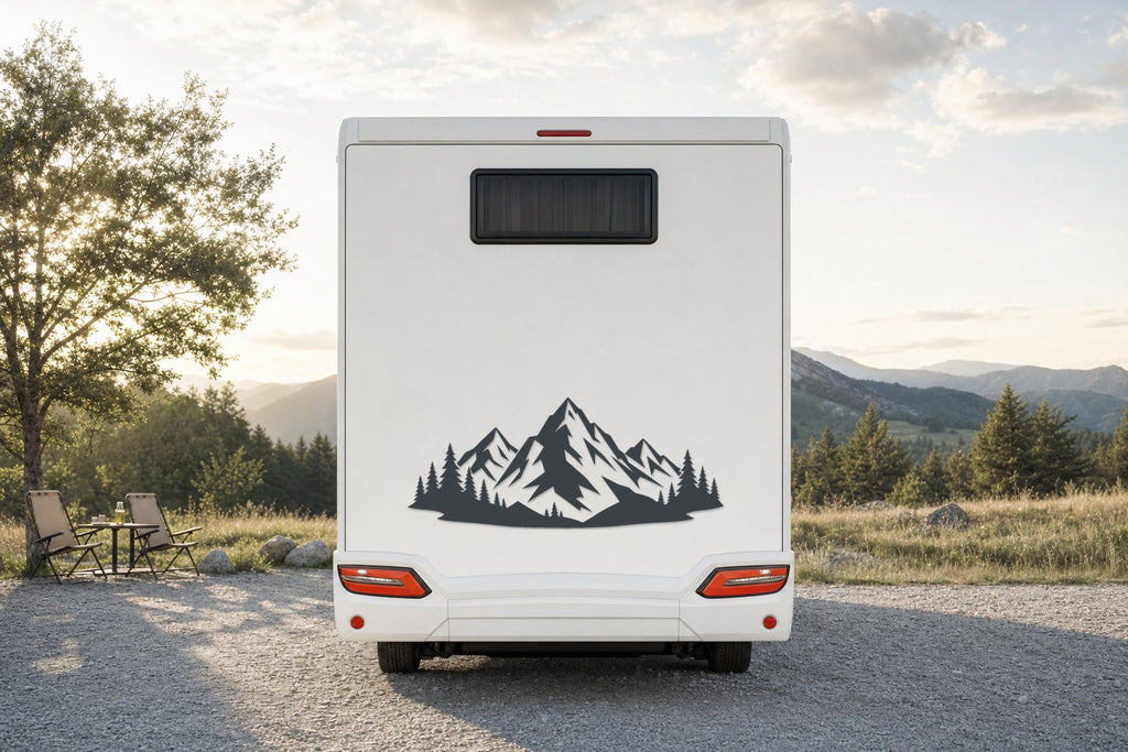 Berge-Aufkleber Alpenpanorama fürs Wohnmobil in Anthrazit am Wohnmobil
