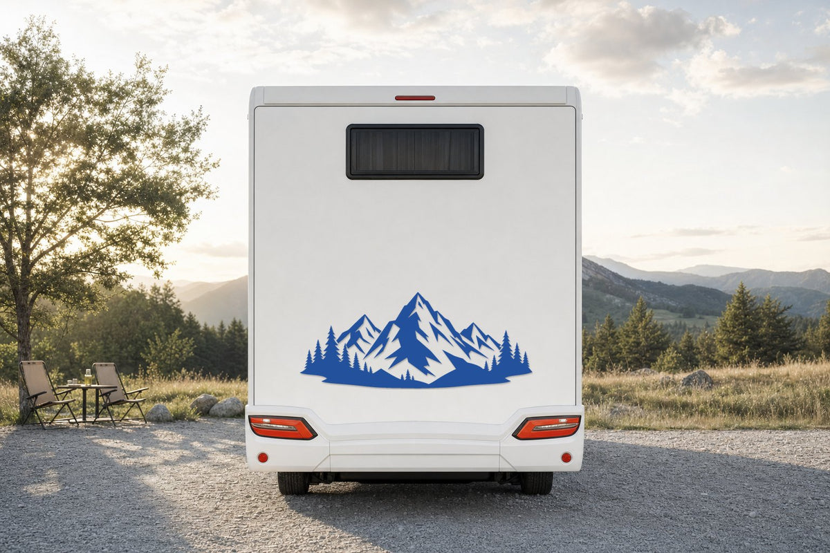 Berge-Aufkleber Alpenpanorama fürs Wohnmobil in Blau am Wohnmobil