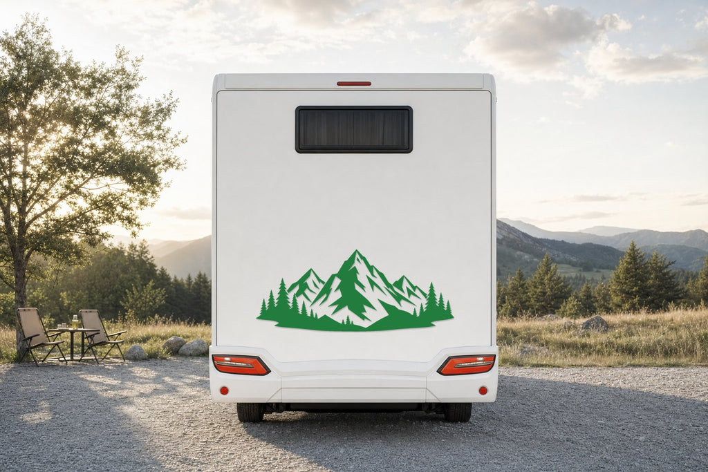 Berge-Aufkleber Alpenpanorama fürs Wohnmobil in Grün am Wohnmobil