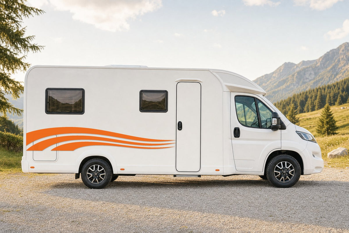 Dekorstreifen-Set „Welle“ fürs Wohnmobil in Orange am Wohnmobil