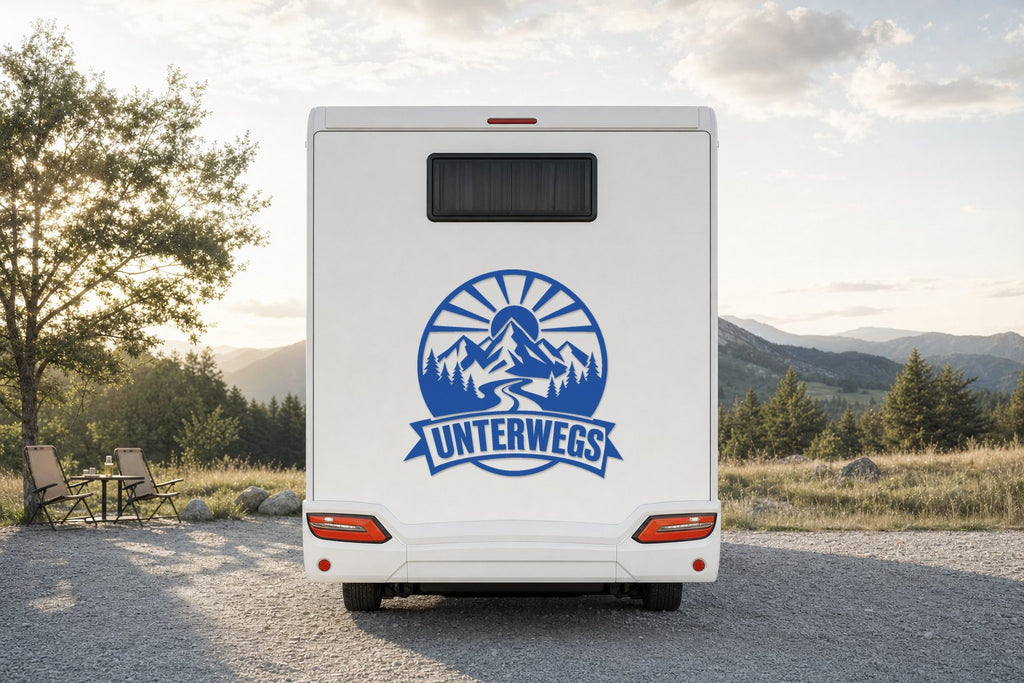 Heck-Aufkleber „Unterwegs“ mit Bergen und Sonne in Blau am Wohnmobil