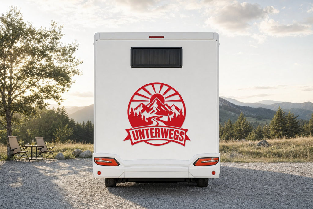 Heck-Aufkleber „Unterwegs“ mit Bergen und Sonne in Rot am Wohnmobil