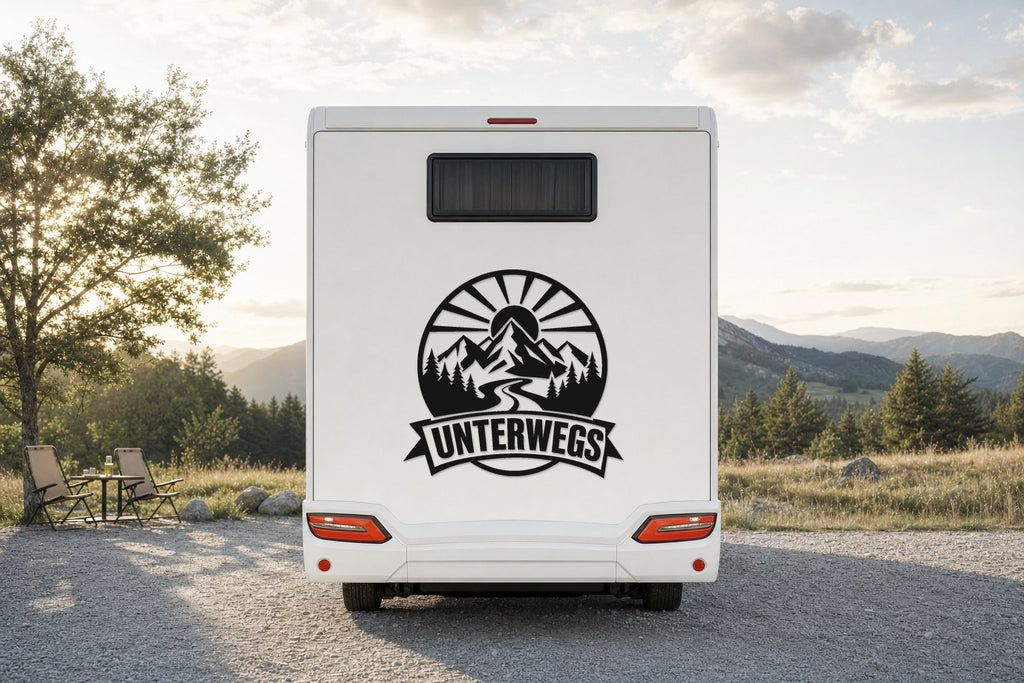 Heck-Aufkleber „Unterwegs“ mit Bergen und Sonne in Schwarz am Wohnmobil