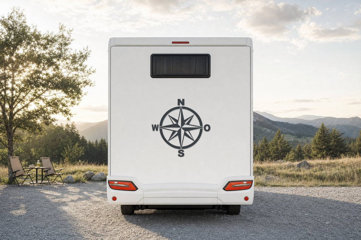 Kompass-Aufkleber Windrose fürs Wohnmobil in Anthrazit am Wohnmobil