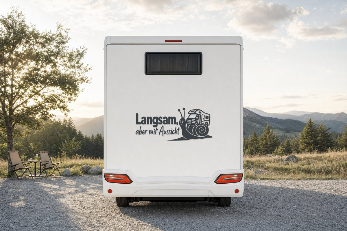 Wohnmobil-Aufkleber „Langsam, aber mit Aussicht“ in Anthrazit am Wohnmobil