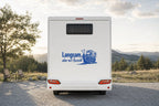 Wohnmobil-Aufkleber „Langsam, aber mit Aussicht“ in Blau am Wohnmobil