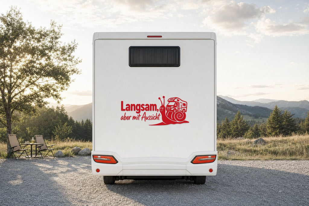 Wohnmobil-Aufkleber „Langsam, aber mit Aussicht“ in Rot am Wohnmobil